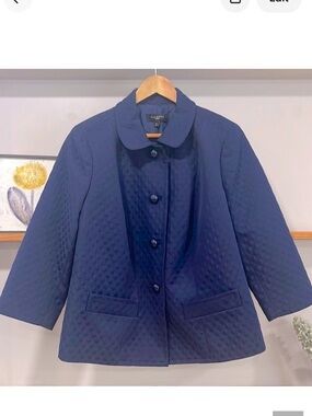 Talbots Quilted Navy Blue Collared Button Down Blazer Jacket, Size 14W, NWT
